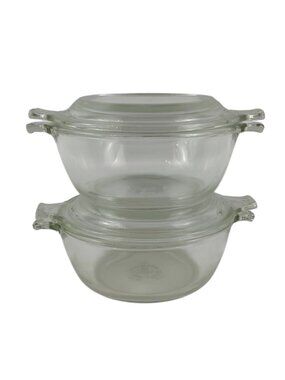 Vintage PYREX Clear Glass 8 oz Mini Casserole Dishes Lids Set of 2 680-C-21 USA